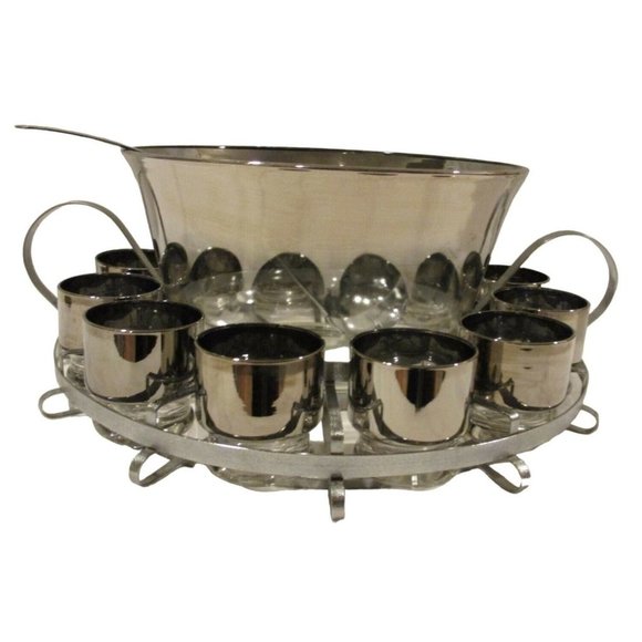 Mid Century Silver Fade Complete Punch Bowl Set Dorothy Thorpe Vintage Retro 15p - Picture 1 of 12